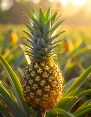 Close-up of a ripe pineapple amidst a field, bathed in golden sunlight