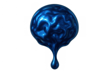 Blue metallic liquid dripping, abstract flowing material, shiny paint bubble, digital rendering, transparent background