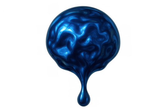 Blue metallic liquid dripping, abstract flowing material, shiny paint bubble, digital rendering, transparent background