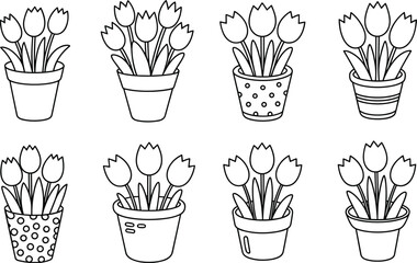 Eight Outline Illustrations of Tulips in Pots on White Background flower flowers