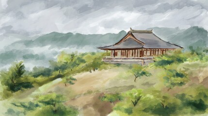 Serene Japanese temple watercolor landscape tranquil hilltop scene artistic nature vista