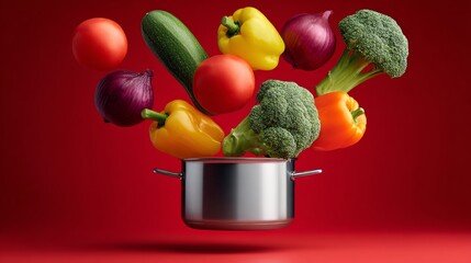 A pot of vegetables is floating in the air. The vegetables include broccoli, peppers, and onions