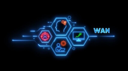 Neon WAN network technology concept with icons and glowing lines computer connection - Powered by Adobe