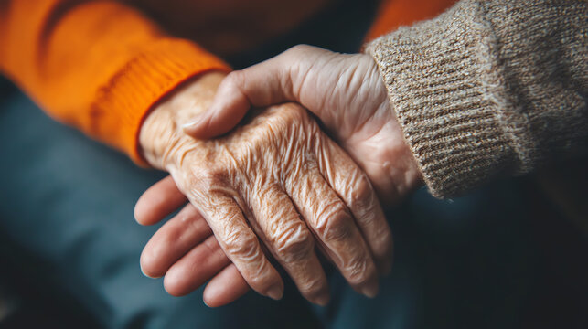 Holding elderly s hand during conversation - Powered by Adobe
