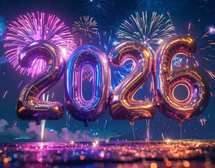 Festive New Year celebration under sparkling fireworks featuring giant balloon numbers for the year 2026