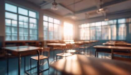 Stunning Blurred View Of Bright Classroom And Study Room With Panoramic Windows And Gorgeous Lighting In An Empty School Setting.