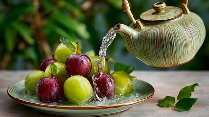 A teapot is pouring water over a plate of fruit. The fruit includes apples and plums