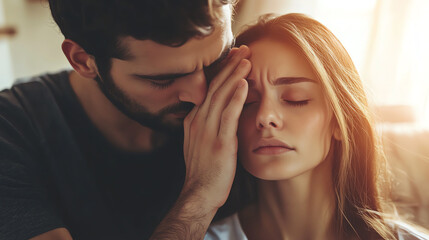 Partner gently touching forehead to check fever