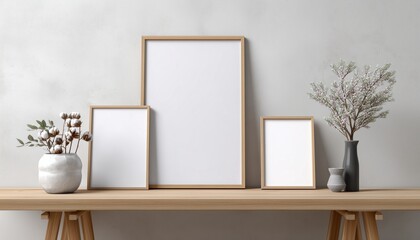Fototapeta premium Workspace Mock Up Of Poster Frame Template Showcasing A Modern And Sleek Design For Showcasing Artwork Or Photographs In A Professional Setting.