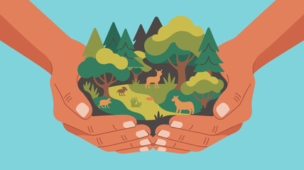 hands holding a miniature forest ecosystem, vector illustration for environmental conservation and biodiversity protection