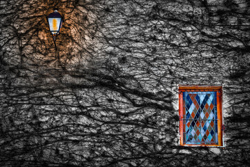 Gothic wall art | Vintage lantern and stained glass window photo | Black ivy architecture print for moody decor