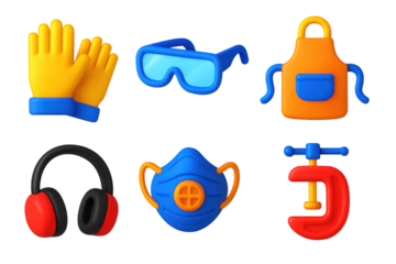 Set of six cartoonish images of safety gear and tools
