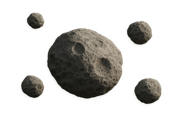 Fototapeta premium Group of asteroids and meteoroids with main large, cratered space rock against a transparent alpha channel background