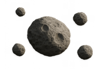 Group of asteroids and meteoroids with main large, cratered space rock against a transparent alpha channel background