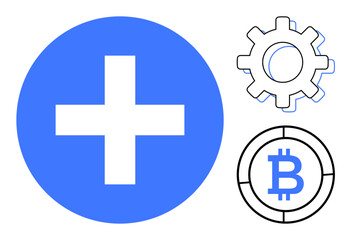 Fototapeta premium Blue plus sign, gear, Bitcoin logo symbolizing health, innovation, and digital currency. Ideal for medical technology, blockchain, finance, growth future software simple flat metaphor