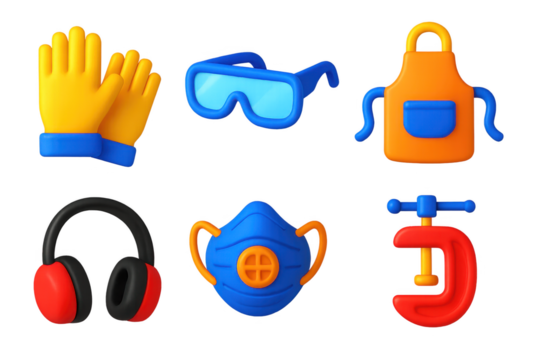 Set of six cartoonish images of safety gear and tools