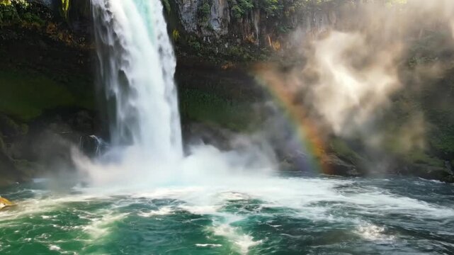 A majestic waterfall cascades powerfully into a pristine pool, creating a vibrant rainbow. The air is filled with mist. A visual ode to nature's breathtaking beauty.