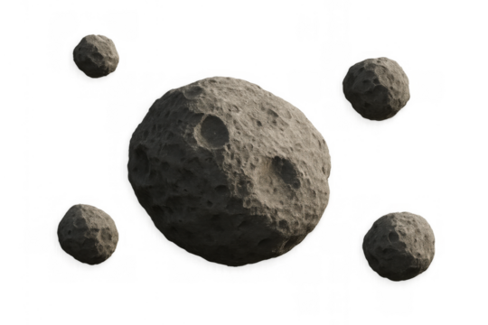 Group of asteroids and meteoroids with main large, cratered space rock against a transparent alpha channel background