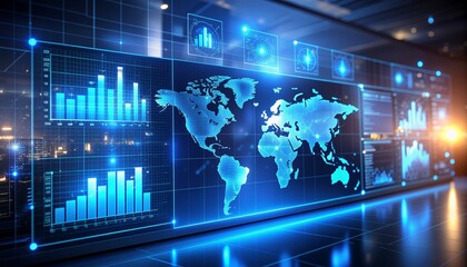 Global data analysis dashboard with world map and charts for business intelligence and financial reporting in a stunning modern interface
