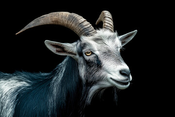 Side profile of white and gray goat with curved horns against dark background. Elegant portrait of farm animal with alert expression and distinctive features with copy space.