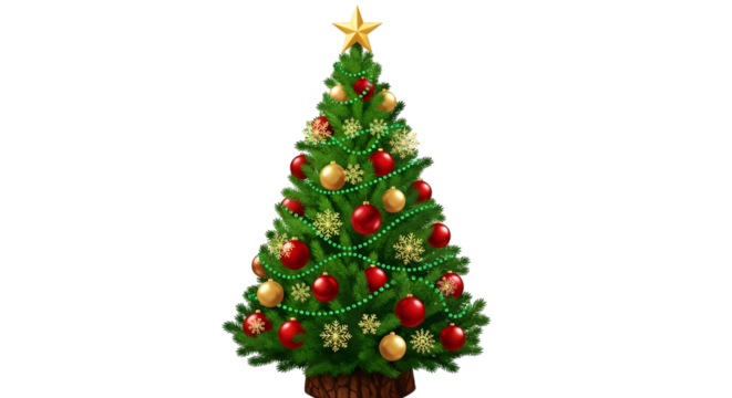 Decorated Christmas tree with red and gold ornaments and star topper isolated on a transparent background