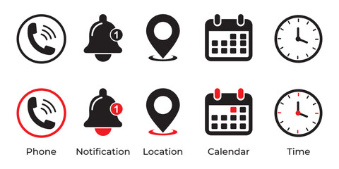 Minimal UI Icon Set &ndash; Phone, Notification, Location, Calendar & Time Symbols Black & Red