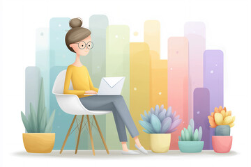 Young woman with glasses sitting on a chair, working on a laptop surrounded by colorful plants and abstract shapes, creating a vibrant and modern workspace atmosphere