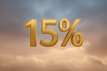 Golden percentage symbol representing fifteen percent, prominently displayed against a soft gradient sky, conveying themes of finance, discounts, and promotional offers in a visually appealing manner