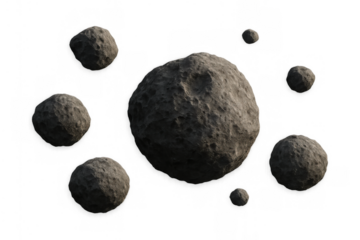 Asteroids floating in space, meteorites, space rocks, and celestial bodies on transparent background, 3d render
