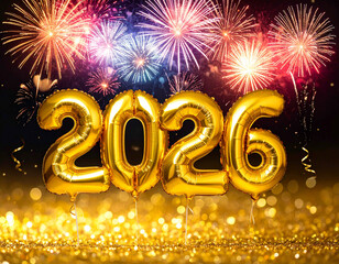 Floating gold balloons with fireworks create a festive atmosphere for celebrating the arrival of 2026