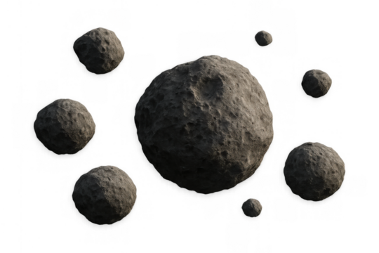 Asteroids floating in space, meteorites, space rocks, and celestial bodies on transparent background, 3d render