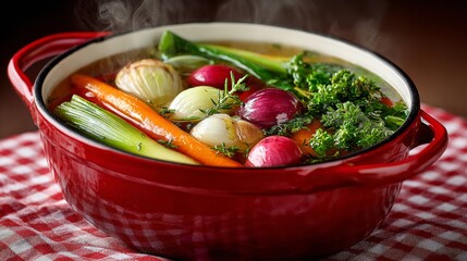 A red pot filled with vegetables and herbs. The vegetables include carrots, onions, and celery. The pot is on a checkered tablecloth