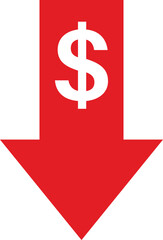 Dollar sign with red arrow down icon . Red arrow going down with dollar icon . Dollar falling icon . Vector illustration 
