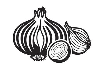 Black and white onion art showcases a sliced, whole, and half onion