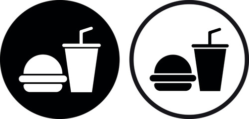 Fast food icon set in two styles . Eating icon . Hamburger and drink icon . Vector illustration