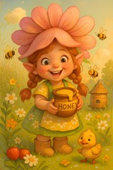 Happy little elf girl holding honey jar surrounded by bees, duckling and spring flowers in meadow