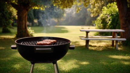 A grill with two pieces of meat on it in a park. The grill is black and the meat is brown