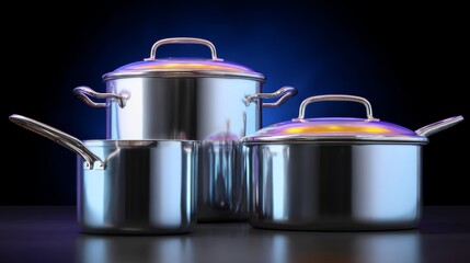 Three pots are shown on a table, with one of them being a large pot. The pots are shiny and metallic, and they appear to be of the same size. Concept of elegance and sophistication