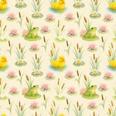 Seamless beige lake pattern with ducklings, frogs, lotus flowers and cattails