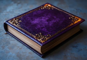 Fantasy purple leather book with golden corner ornaments and empty cover space for custom enchanted title