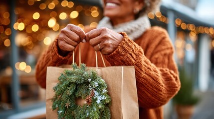 Festive holiday shopping with a decorated gift bag