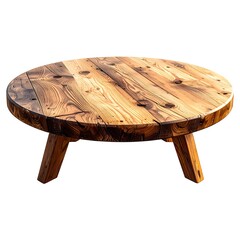 Close-up of a round, rustic wooden coffee table on a white background