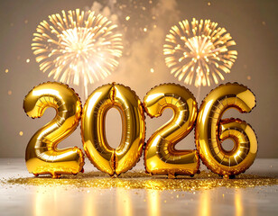 Celebration atmosphere with large shiny gold balloons and fireworks for the festive New Year's 2026 event