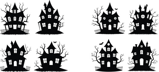 Stylized black silhouette vector illustrations of spooky haunted houses with eerie trees and bats for Halloween and horror-themed design.
