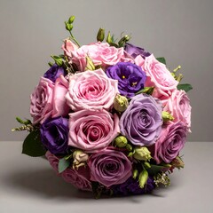 Close-up of a round bouquet of purple and pink roses