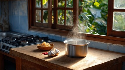 A pot of boiling water sits on a wooden countertop next to a bowl of garlic. The steam from the pot fills the kitchen, creating a cozy and inviting atmosphere