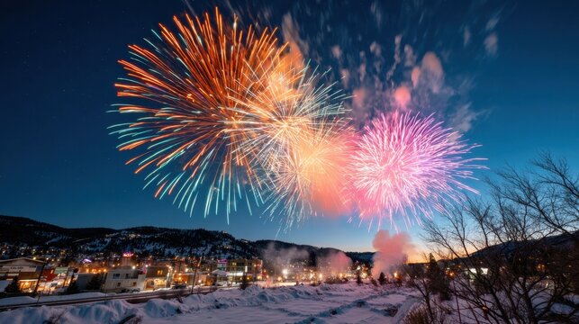 Colorful fireworks display over snowy landscape