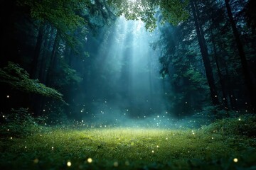 Obraz premium Mystical forest with sunlight and glowing particles