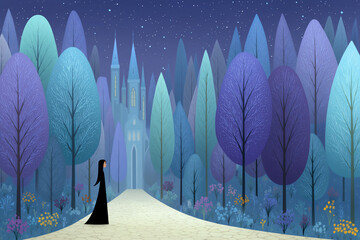 Enigmatic figure in black cloak stands on a winding path surrounded by vibrant trees in shades of blue and purple, leading to a mystical castle under a starry night sky