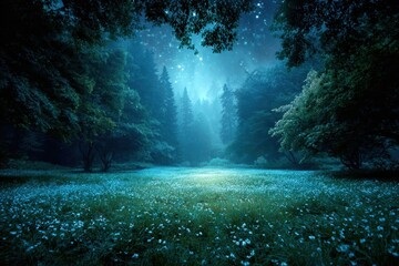 Obraz premium Mystical forest with sunlight and glowing particles